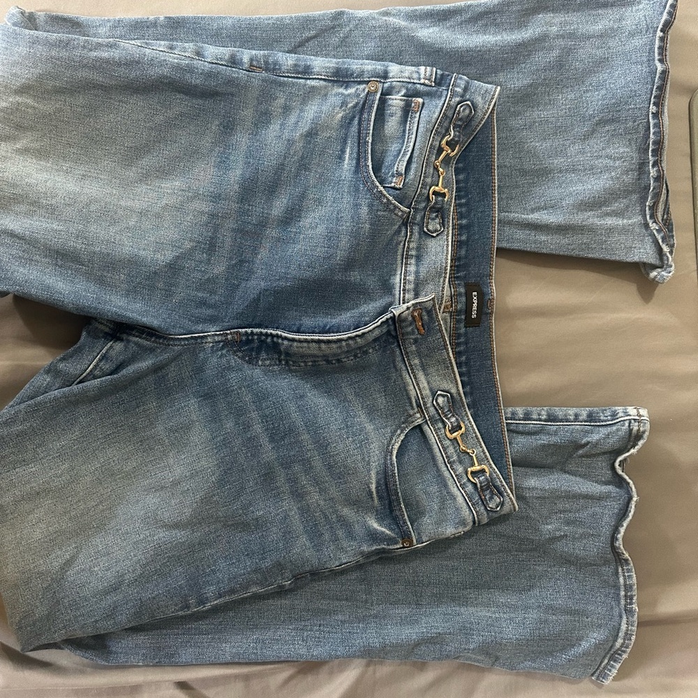 Express Blue Denim 70s flare Jeans with Chain Detail (Steven Tyler vibes)